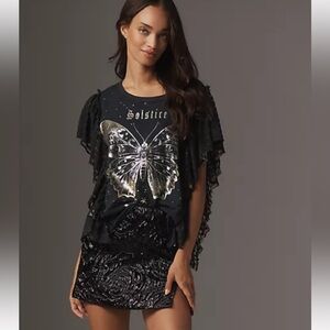 Pilcro 100% Cotton Black Tshirt with  Gold Butterfly Graphic and Lace at Sides.